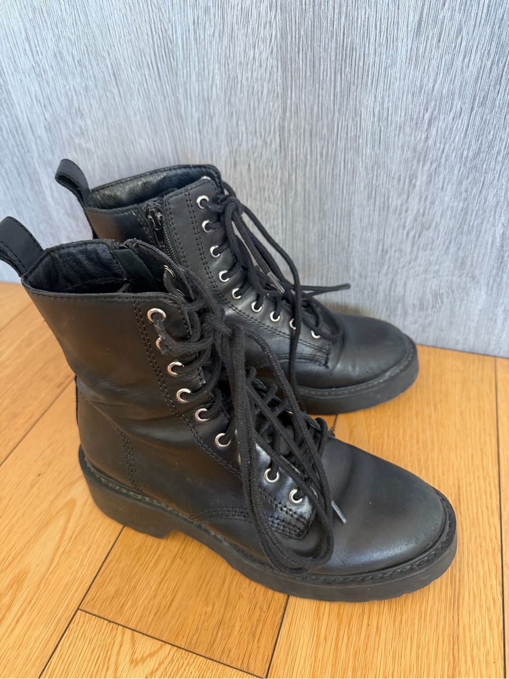 Steve Madden Black Lace-Up Combat Boots with Side Zipper